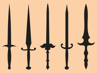 Elegant Medieval Sword Silhouettes Vector Illustration – Historical Decorative Weapons Design.