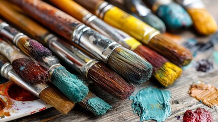 Fototapeta premium Close up of various paintbrushes with dried paint, arranged on a wooden surface with paint palette.
