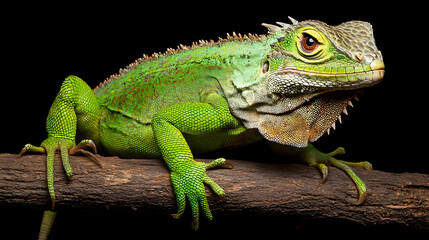Fototapeta premium Green Lizard On Branch Against Black Background