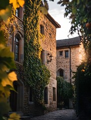 Fototapeta premium Historic Medieval Architecture and Stone Building with Ivy-Lined Alleyway at Sunset - Travel and Exploration Photography