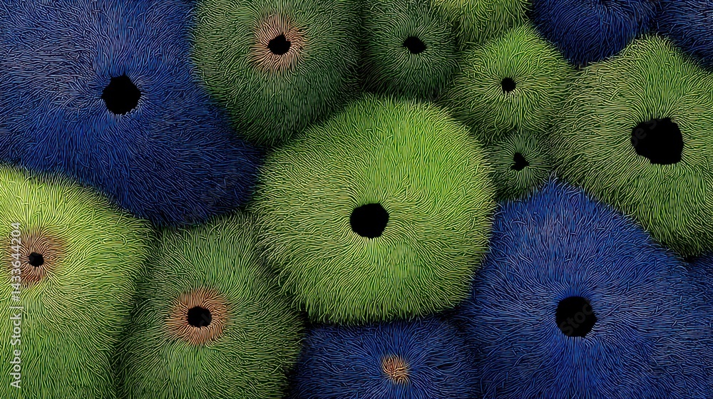 Poster Close up view of numerous round, spiky objects in varying shades of blue and green. The texture appears slightly rough, and each object has a small, dark central hole.