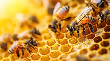 Honey bees working on a honeycomb, close-up.