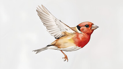 Watercolor painting of a cute Eurasian bullfinch bird with a vivid red chest, flying gracefully through the air, isolated on a clean white background