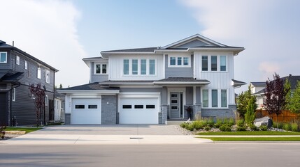 Modern Suburban House Exterior, Clean Architectural Lines, Soft Daylight Illumination, Residential Neighborhood Background