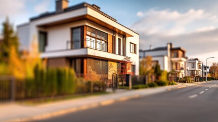 Modern Suburban House Exterior, Clean Architectural Lines, Soft Daylight Illumination, Residential Neighborhood Background