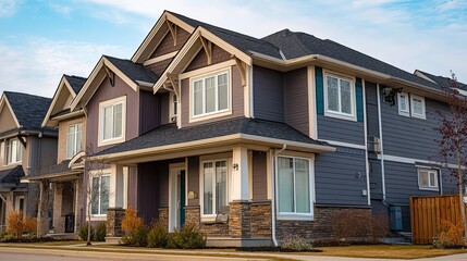 Modern Suburban House Exterior, Clean Architectural Lines, Soft Daylight Illumination, Residential Neighborhood Background