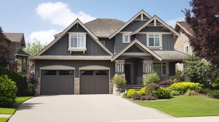 Fototapeta premium Modern Suburban House Exterior, Clean Architectural Lines, Soft Daylight Illumination, Residential Neighborhood Background