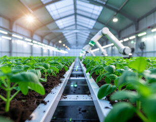 Automated irrigation system in smart greenhouse with robotic arms tending to rows of healthy plants, showcasing advanced technology in agriculture and sustainable farming practices
