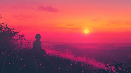 Obraz premium A lone figure sits on a hilltop, silhouetted against a vibrant sunset. The sky is ablaze with fiery hues of orange and pink, while the sun sets on the horizon.