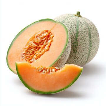 Sliced cantaloupe melon still life on white background