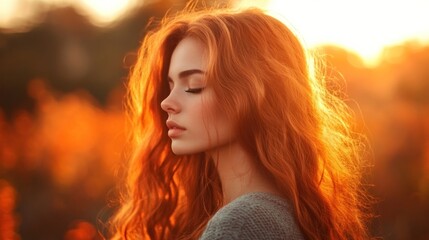 Fototapeta premium Young woman with long red hair standing in a field at sunset, eyes closed.