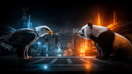 Eagle vs Panda Futuristic Cityscape