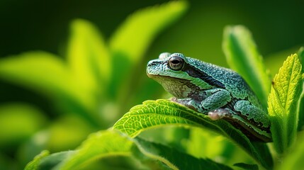 Fototapeta premium Tree Frog Perched on a Lush Green Leaf, Natural Sunlight Filtering Through Foliage, Shallow Depth of Field