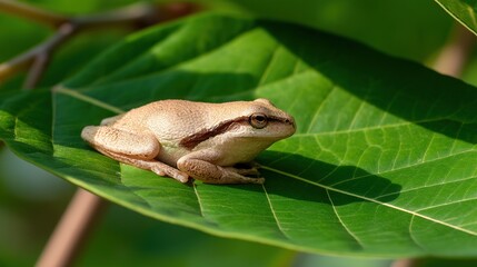 Obraz premium Tree Frog Perched on a Lush Green Leaf, Natural Sunlight Filtering Through Foliage, Shallow Depth of Field