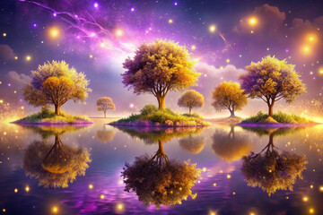 Lavender to gold with floating islands magical trees and spark trails