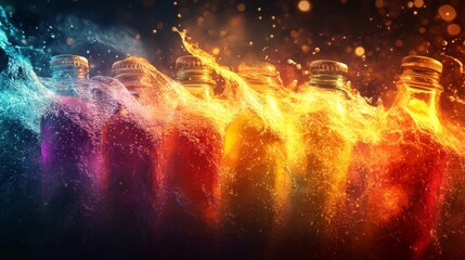 Glowing Colorful Bottles with Magical Energy Particles