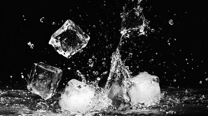 Ice Cubes Splashing on Black Background