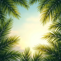 Naklejka premium Tropical Paradise with Palm Leaves Against the Sky Background