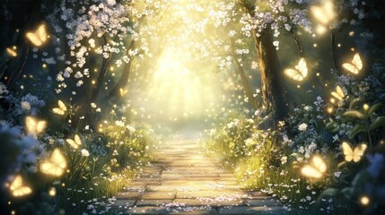 Enchanted forest path bathed in golden light.