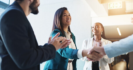 Office, handshake and happy business people with applause for success, congratulations and...
