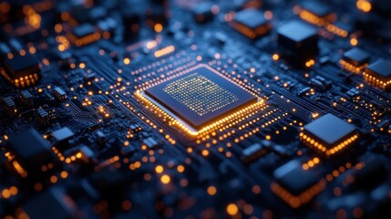 Close-up of a computer chip with glowing circuits and blue background.