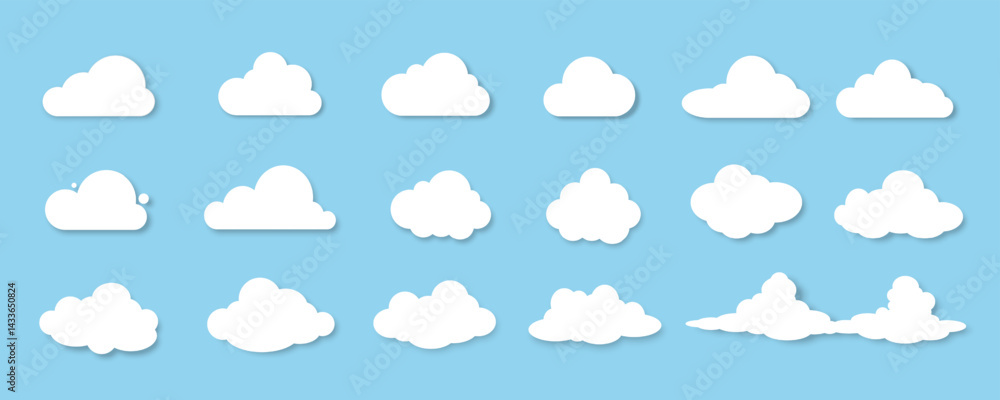 Poster a set of white clouds on a blue background. design elements for the weather forecast. vector illustr