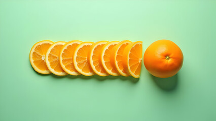Orange fruit, slices and segments on pastel background view