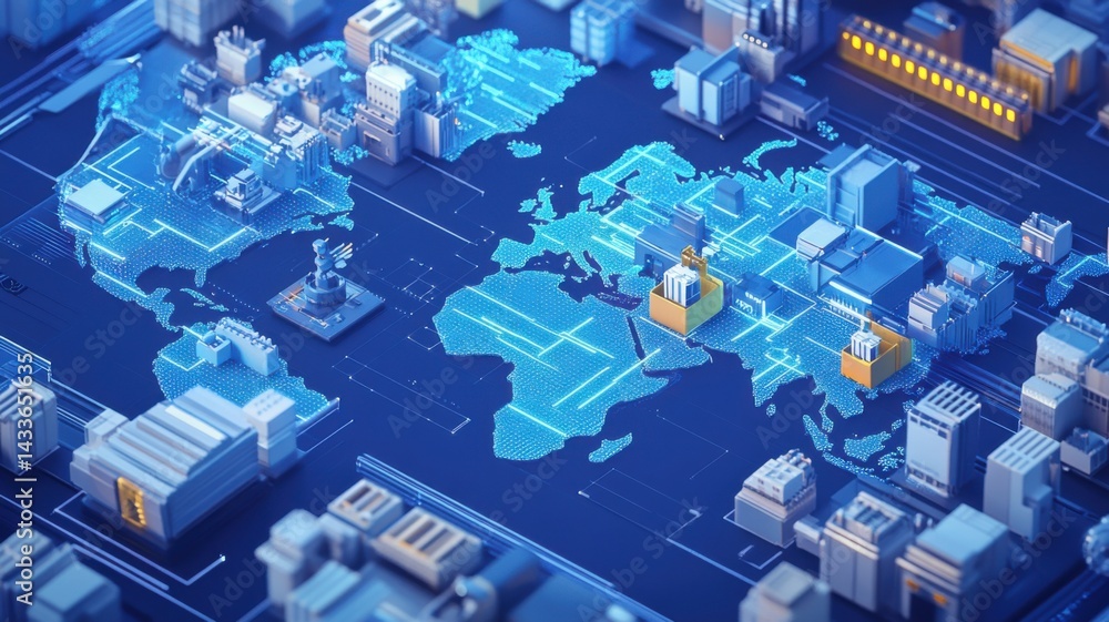 Poster a digitally rendered map of the world showcasing buildings and structures in a futuristic, high-tech