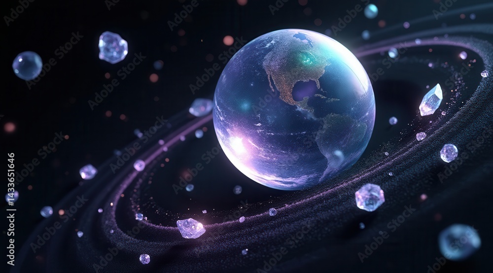 Poster a stunning digital rendering of earth surrounded by sparkling crystals and cosmic elements, evoking 