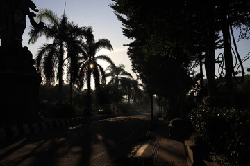 Street with palm trees and a statue in the background. The street is empty and the sun is setting