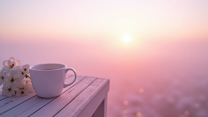 Mug with Flowers on Wooden Surface Against Sunrise