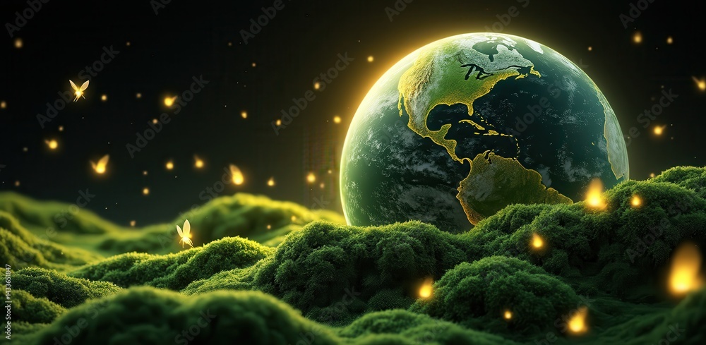Poster a glowing earth surrounded by lush green hills, illuminated by floating fireflies, creating a magica