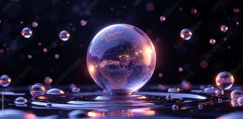 Aufkleber A shimmering globe floats on water, surrounded by sparkling droplets, representing Earth in a magical, surreal setting.