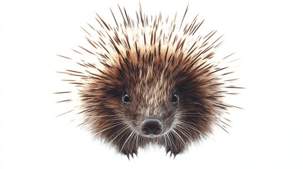 Close-up of a porcupine facing the camera, isolated on white background.