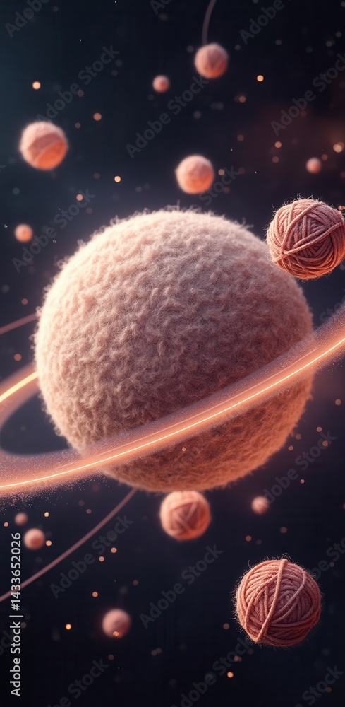Aufkleber A whimsical, cosmic scene featuring a textured planet surrounded by floating spheres and glowing rings, creating a dreamy celestial atmosphere.