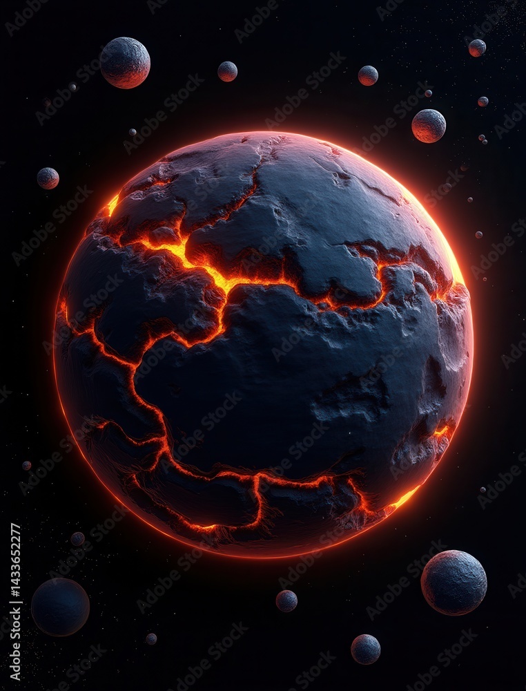 Poster a fiery planet with cracked surface and glowing lava, surrounded by smaller celestial bodies in a da