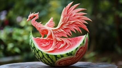 A beautiful swan-shaped carving made from a watermelon, gracefully displayed.