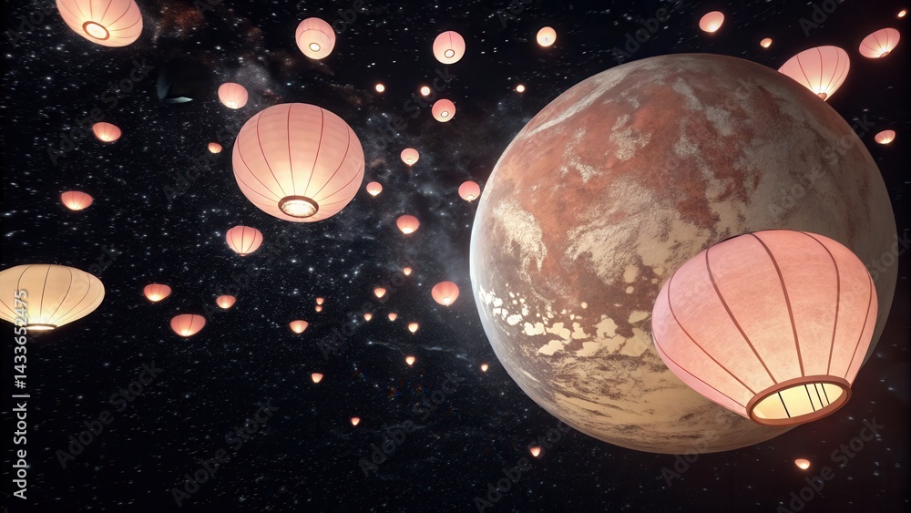 Poster A surreal scene featuring floating lanterns in space, with a distant planet illuminated by their warm glow against a starry background.