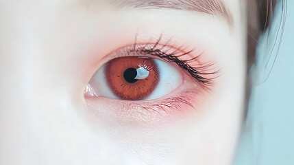 Obraz premium Close Up Of A Red Human Eye With Pink Eye Shadow And Black Eyelashes On Light Background