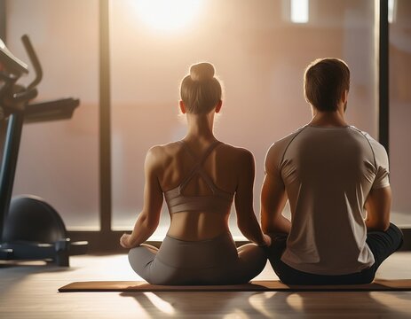 A pair of caucasian athletes sits in meditation, embracing tranquility in a fitness space. - Powered by Adobe