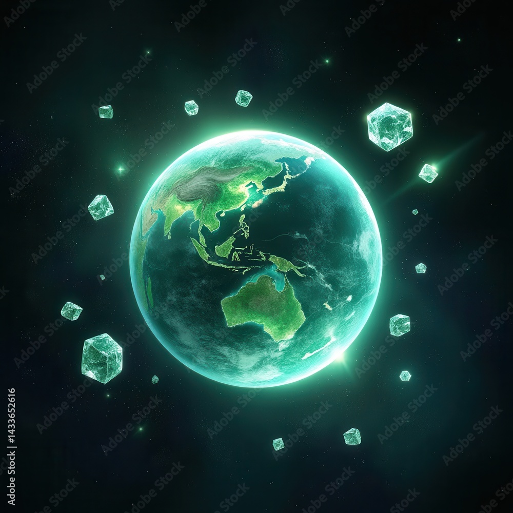 Poster a glowing earth surrounded by floating crystals, showcasing a mystical and vibrant representation of