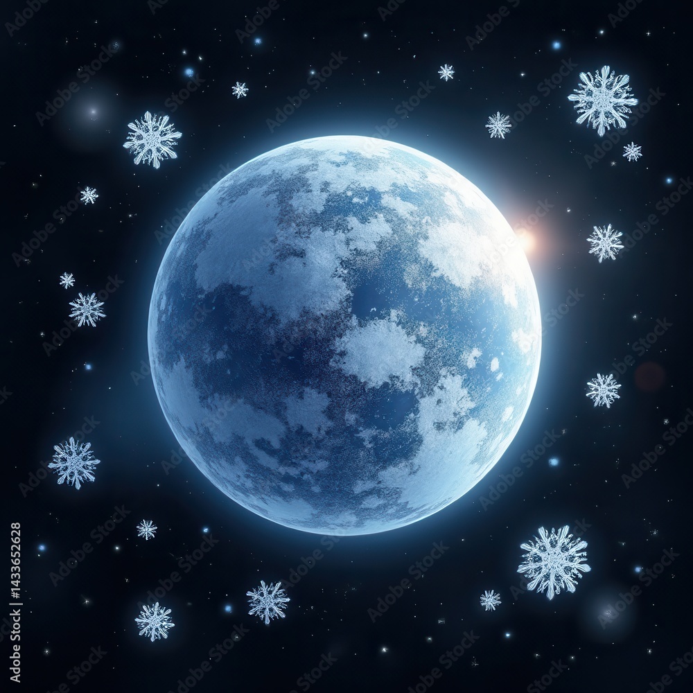 Poster a glowing blue moon surrounded by sparkling snowflakes against a dark starry background, creating a 