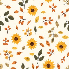 Obraz premium Autumn seamless pattern with sunflowers and autumn leaves