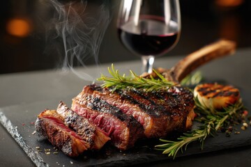 A delicious, juicy tomahawk steak, sliced and seasoned with rosemary, sits on a black slate with a glass of red wine in the background.