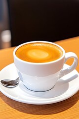 Obraz premium A steaming cup of coffee with crema sits on a saucer, accompanied by a spoon on a light wood table