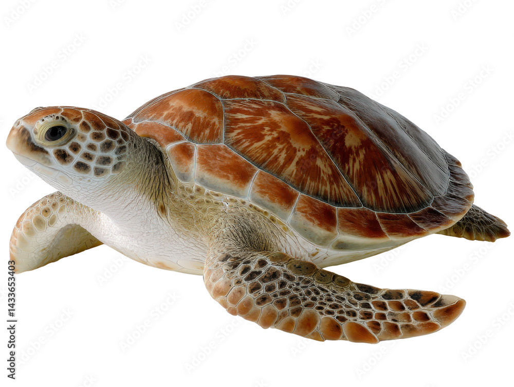 Poster green turtle resting in a detailed shell with unique texture