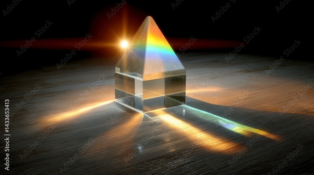 Poster glass prism refracting light into a rainbow on a textured surface, illuminated by a warm light sourc