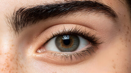 Obraz premium Detailed Eye Closeup With Brown Iris And Glittering Eyelashes Showing Skin Freckles