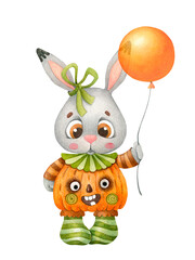 Cute gray hare rabbit in a pumpkin costume with an orange balloon. Children's cartoon character for Halloween. Hand drawn watercolor illustration isolated on white background.
