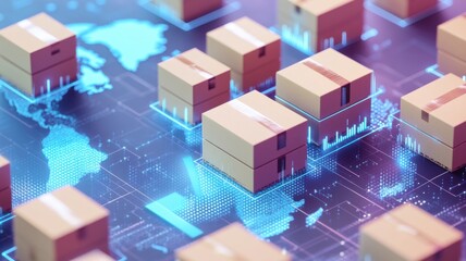 A digital representation of shipping boxes on a world map, showcasing logistics and supply chain management with data visualizations.